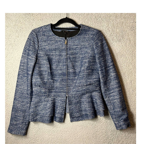 Banana Republic Blazer‎ 4 Blue Long Sleeve Fluted Boucle Full Zip Jacket Blazer - Picture 1 of 11